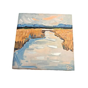 Original painting Mountain /Marsh Landscape On 18x18 Canvas Signed Wall Art